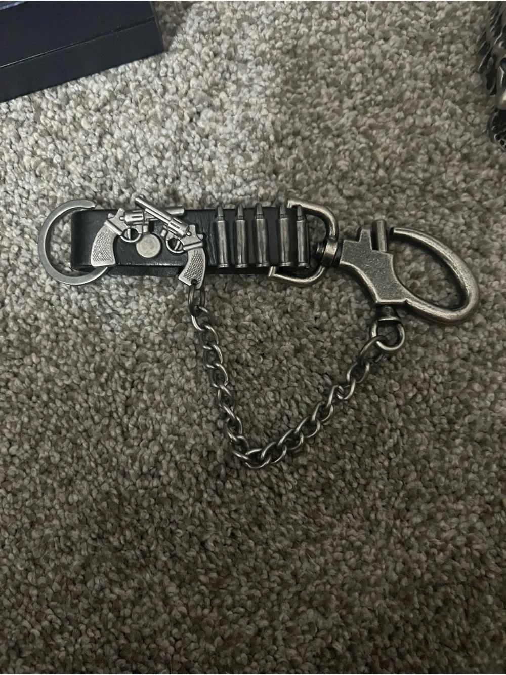 Men's Black Leather Keychain with Antique Silver Gun Accent and chain